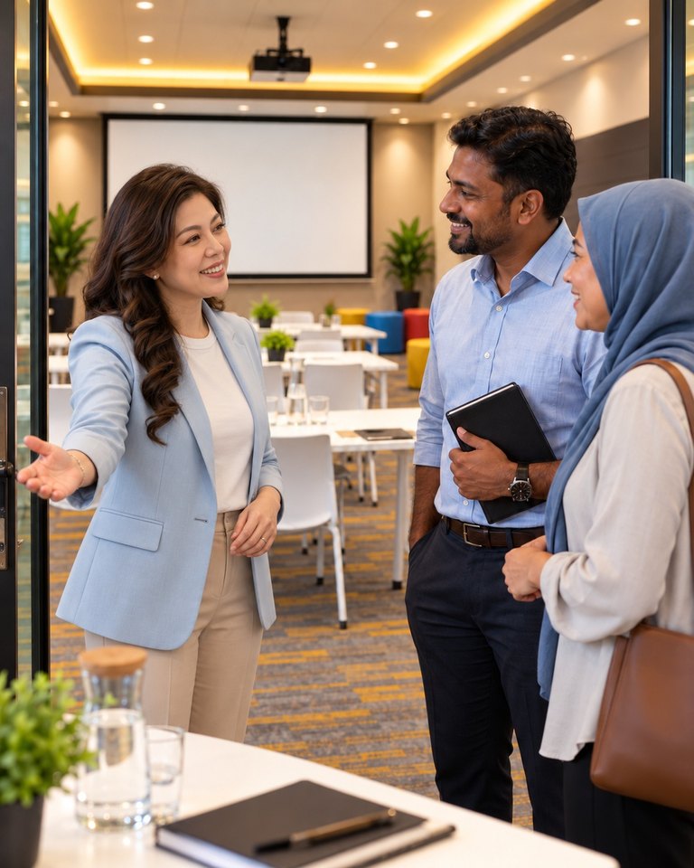 Trainer and participants discussing workplace learning